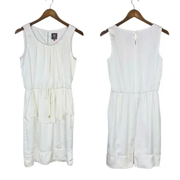 Vince Camuto White Satin Pleated Waistline Sleeveless Knee Length Dress POCKETS - Picture 6 of 9
